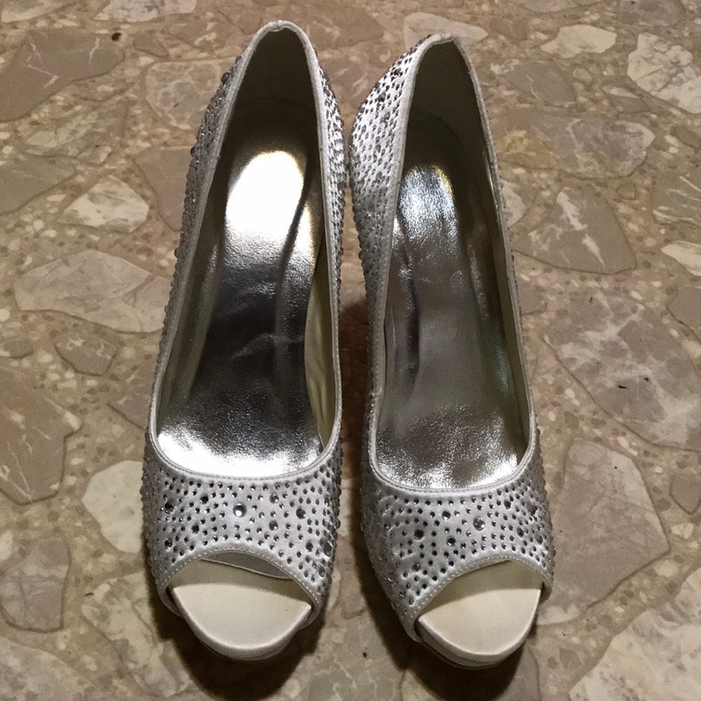 White Faux Satin with Rhinestone Platform Heels